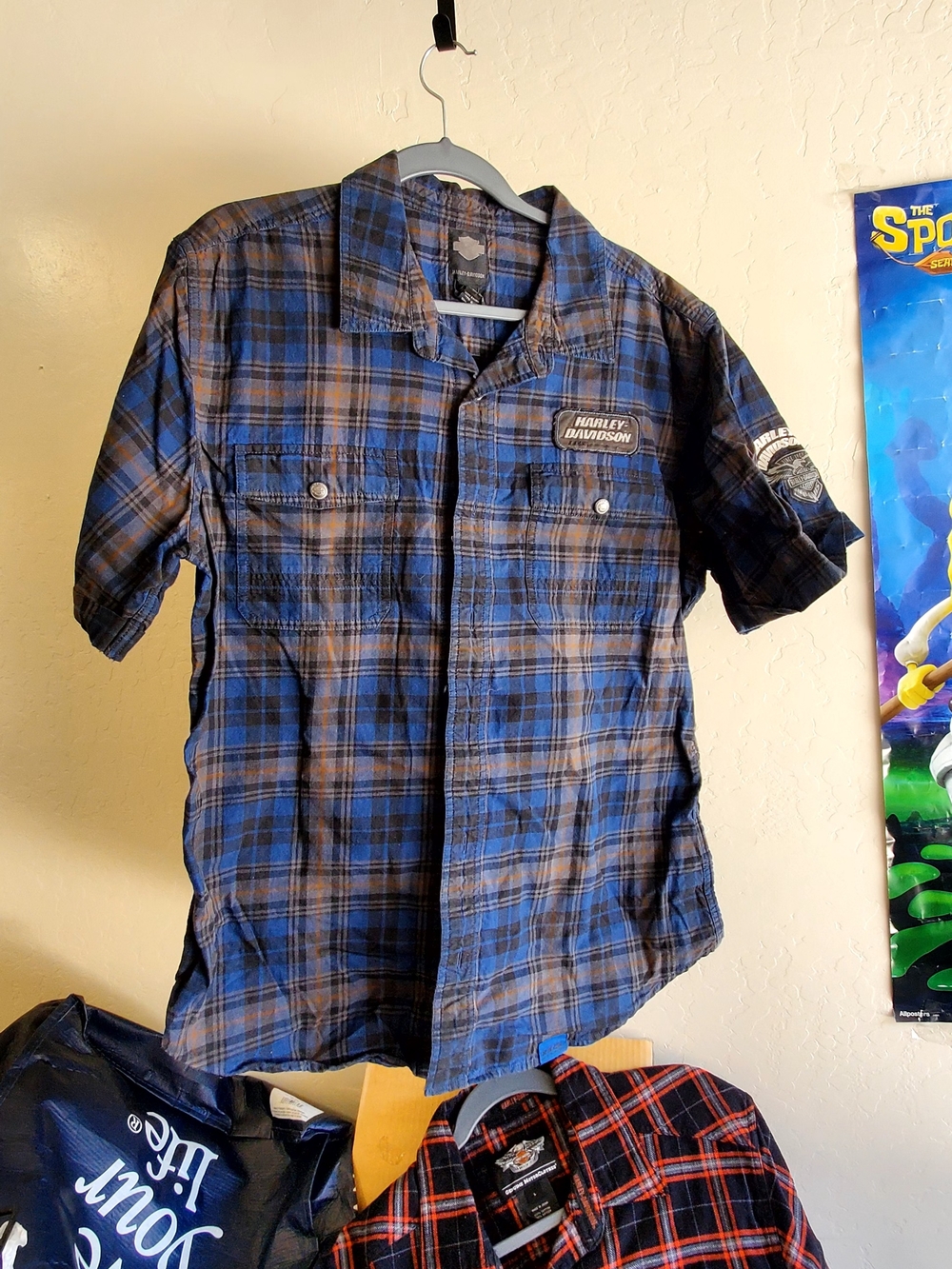 Harley-Davidson Blue and Brown Plaid Short Sleeve Button-Up Shirt